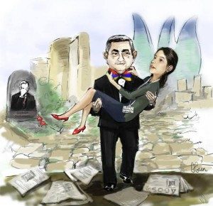 Desenho que circulou na internet de Geybullayeva nos braços do presidente armênio com o túmulo de seu pai ao fundo